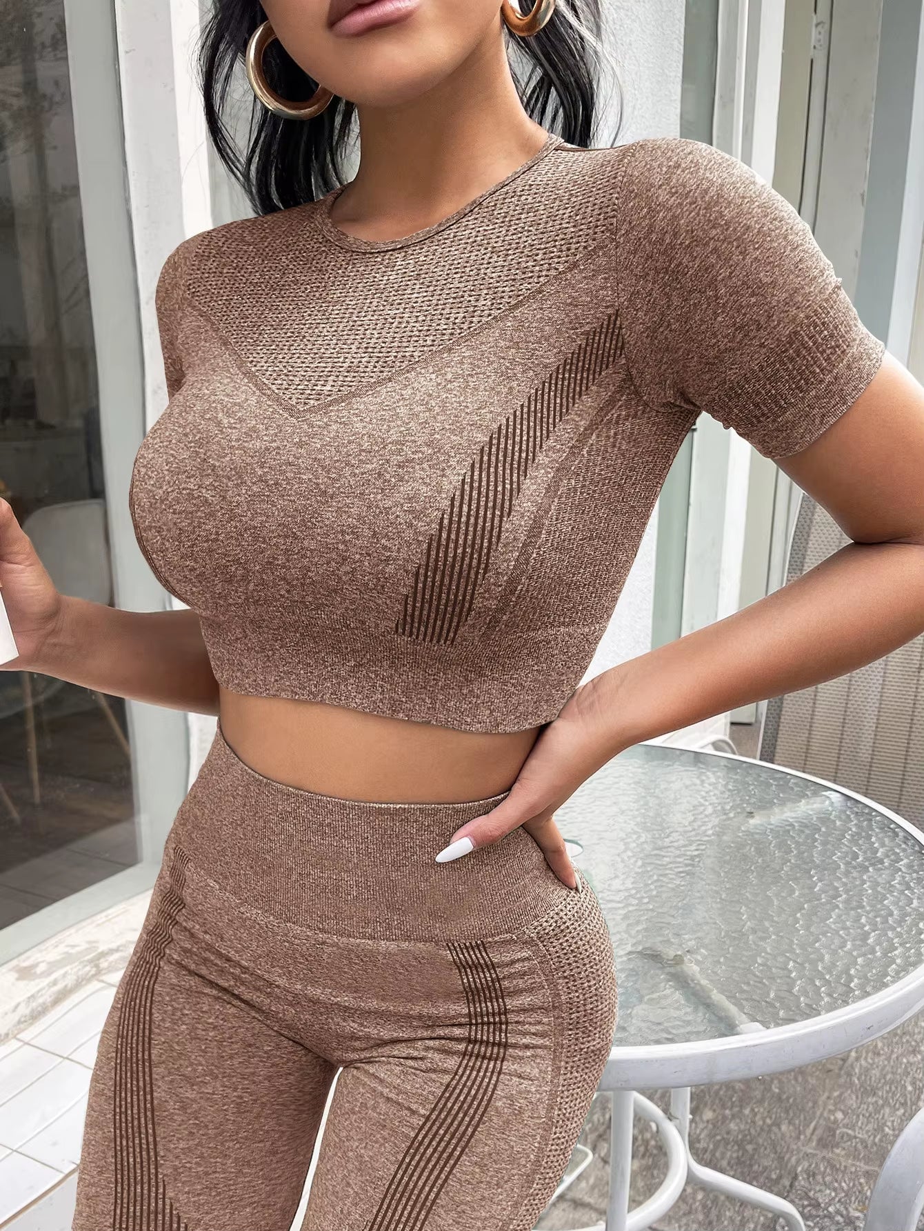 2-Piece Set,Short-Sleeved Top and High-Waisted Tummy Control Long Pants Sportswear,Suitable for Outdoor Sport,Women'S Sportswear